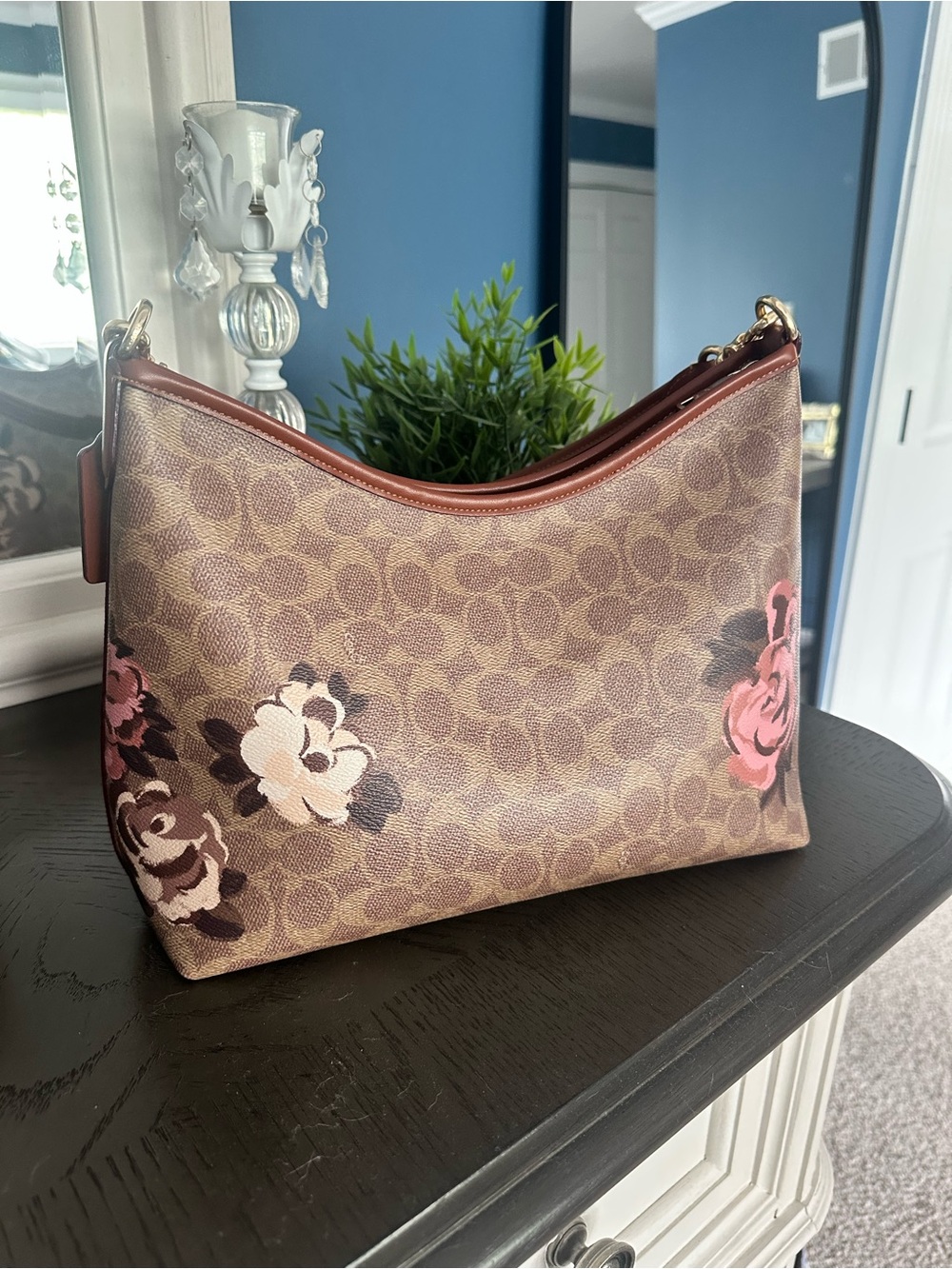 Coach Brown Signature Floral Laurel style Shoulder Bag with Pink Accents - Picture 3 of 9